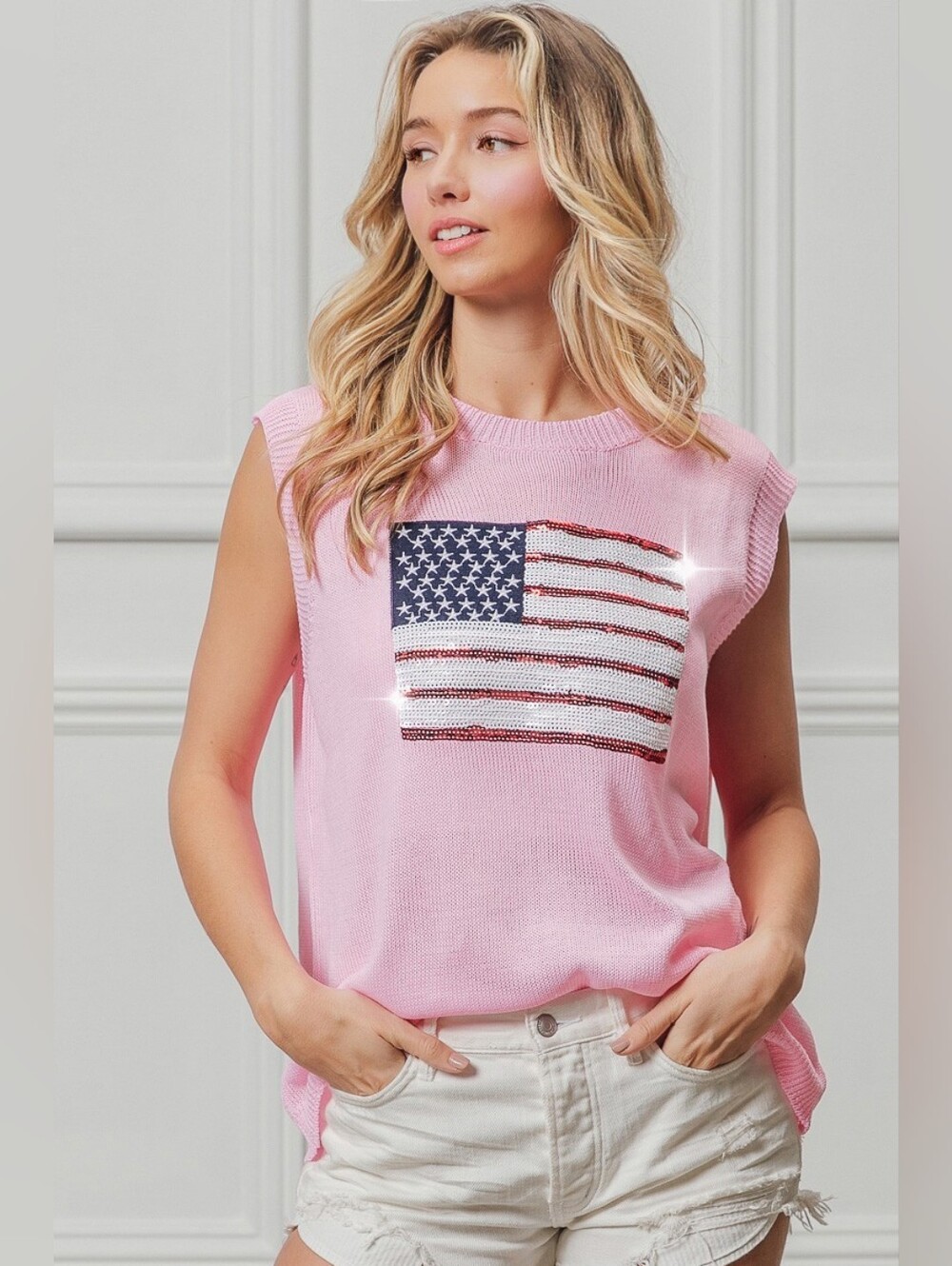 BiBi American Flag Sequins Patch Knit Top- FAST SHIPPING!!